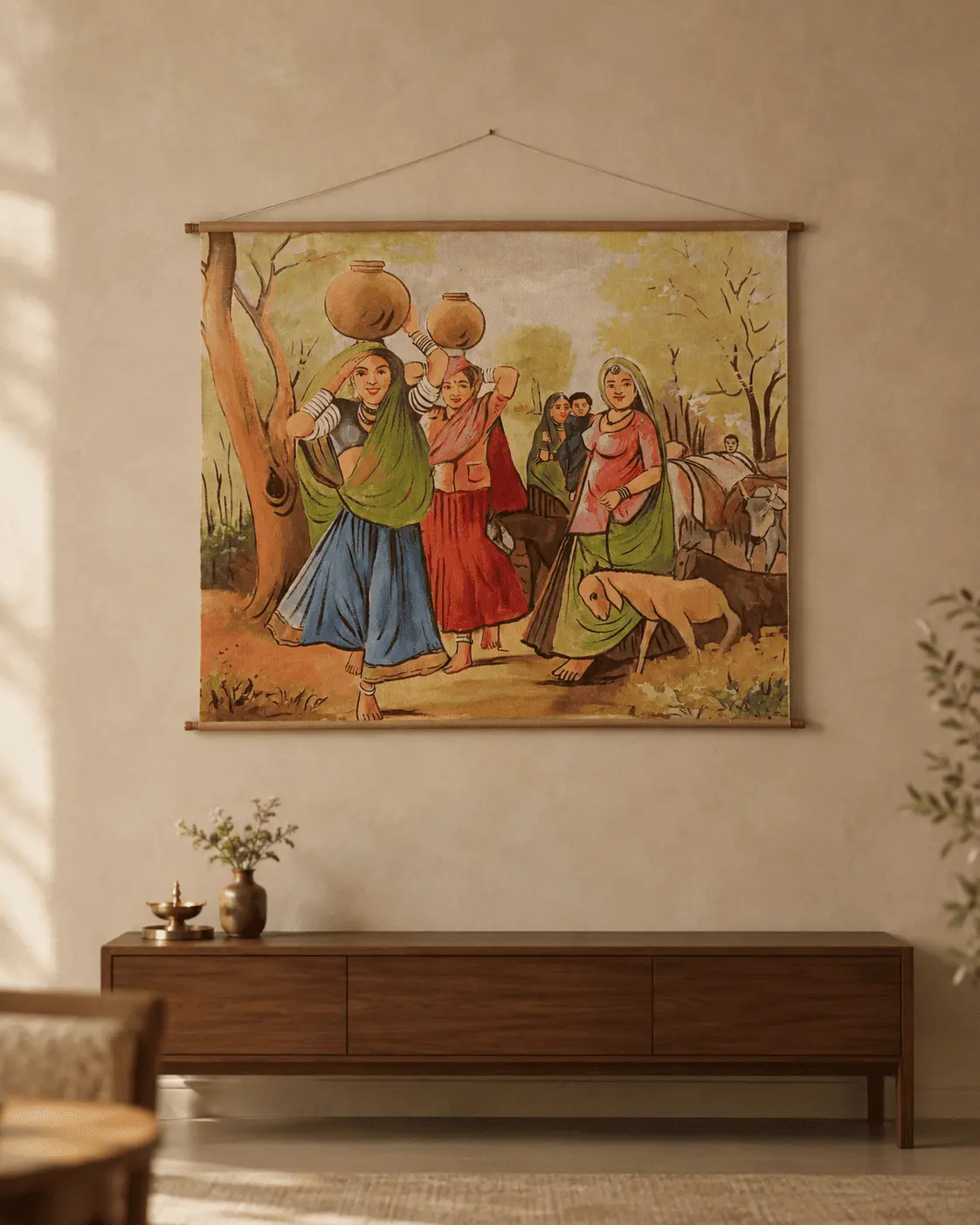 Village Women Carrying Water Pots Oil Painting – Handmade Indian Folk Art - main view